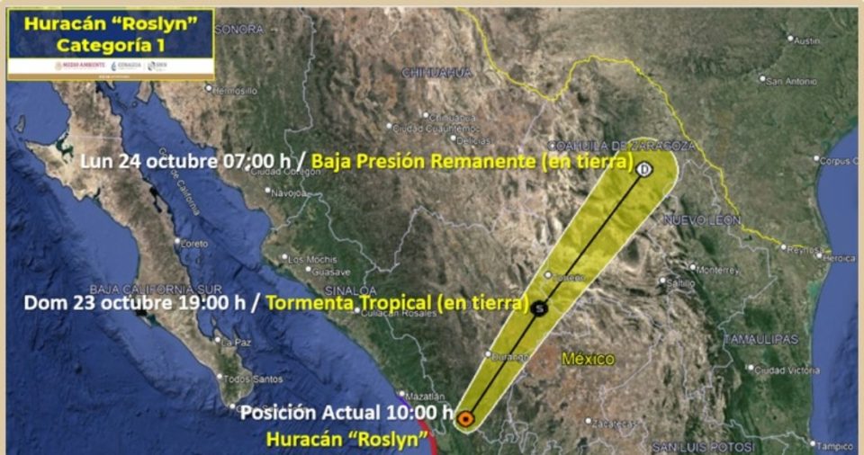 “Roslyn” se debilitó la mañana de este domingo a huracán de categoría 1 en la escala Saffir-Simpson, luego de impactar con una mayor fuerza a las 6:20 horas en las inmediaciones de la localidad Santa Cruz, ubicada en el municipio de Santiago Ixcuintla, Nayarit.