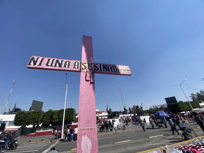 "Ni una asesinada más", se lee en la cruz de color rosa instalada en el municipio mexiquense.