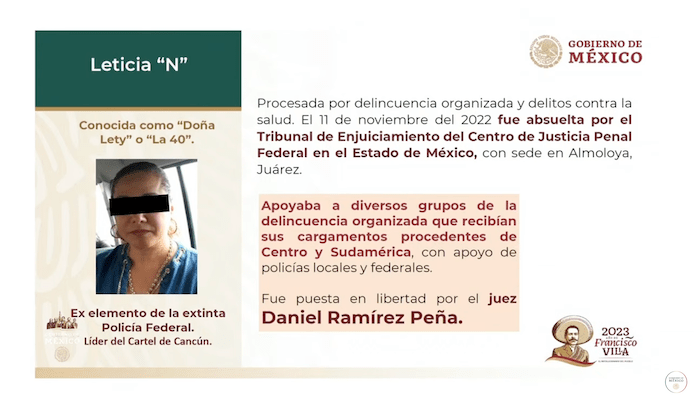 El segundo caso es el de Leticia "N" o "Doña Lety". A la mujer que perteneció a la extinta Policía Federal (PF) se le conoce como líder del Cártel de Cancún y fue procesada por delincuencia organizada y delitos contra la salud.