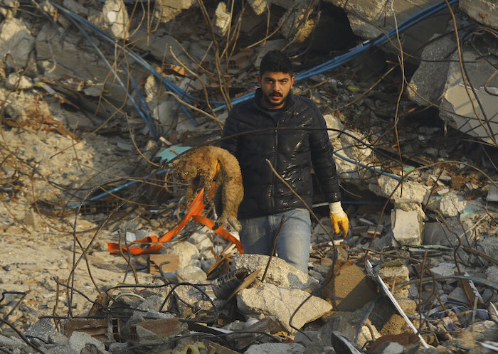 Un hombre sujeta un gato con una mano tras ser rescatado de entre los escombros de un edificio caído tras un potente sismo en la ciudad de Hatay, en el sur de Turquía, el 9 de febrero de 2023.