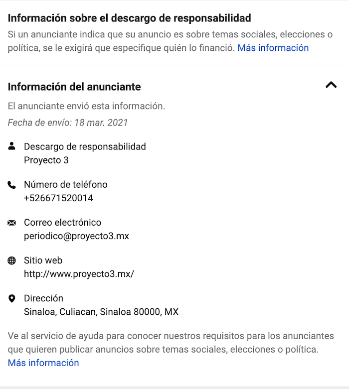 El número telefónico 667 152 0014 se encuentra como referencia en los datos de la Biblioteca de Anuncios de Facebook de las páginas de Proyecto 3, Mujeres por Sinaloa, Parlamento Universitario, 4T Ruta 2021 y Gremio, pues se ha utilizado como un dato formal para que la red social permita comprar difusión dentro de la plataforma.